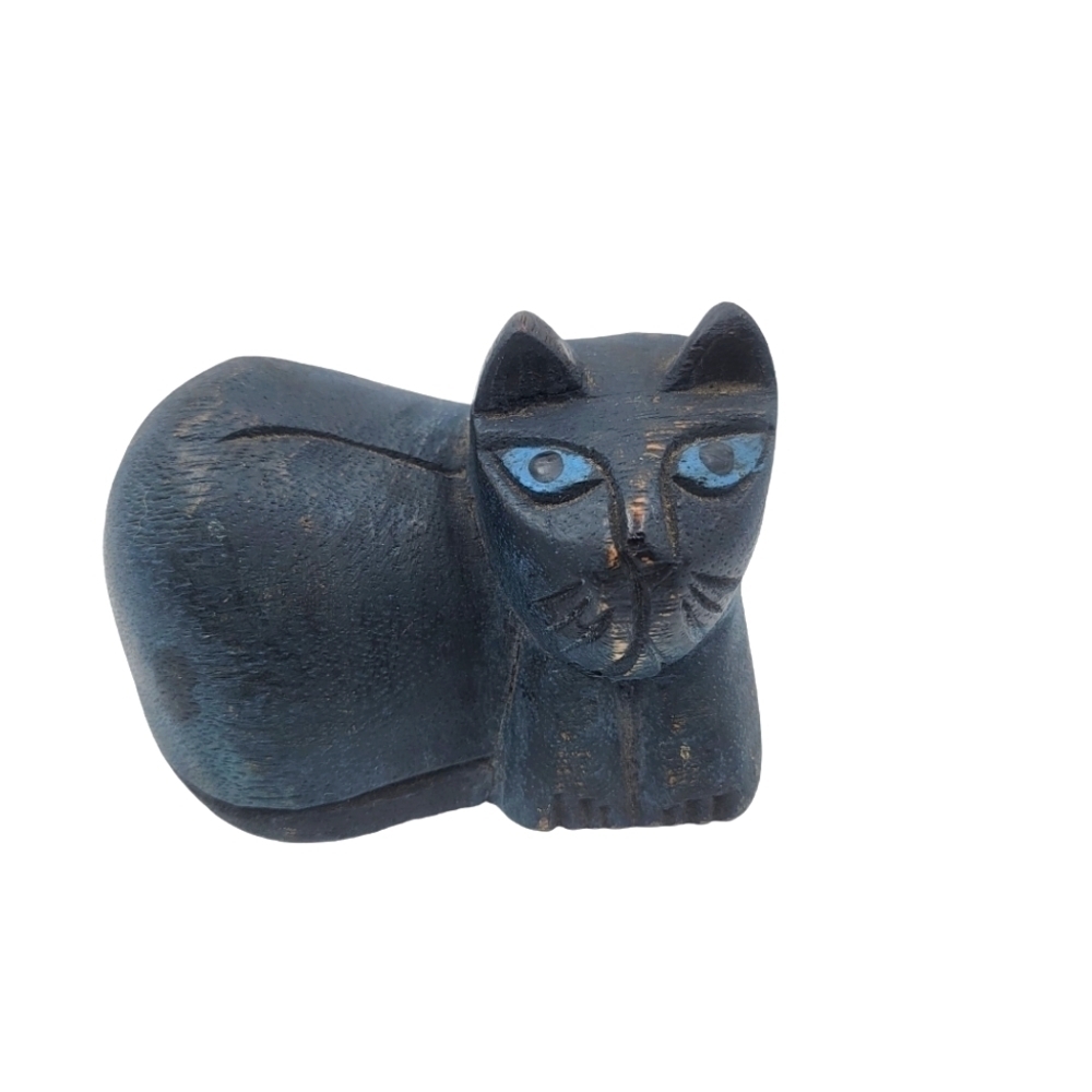 Unique Vintage Hand-Carved Blue Wooden Cat Figurine